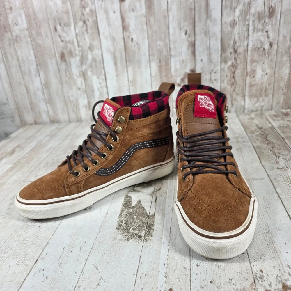 Vans‎ Sk8-Hi MTE Brown Suede Plaid Flannel High Top Sneakers Womens 7 Mens 5.5